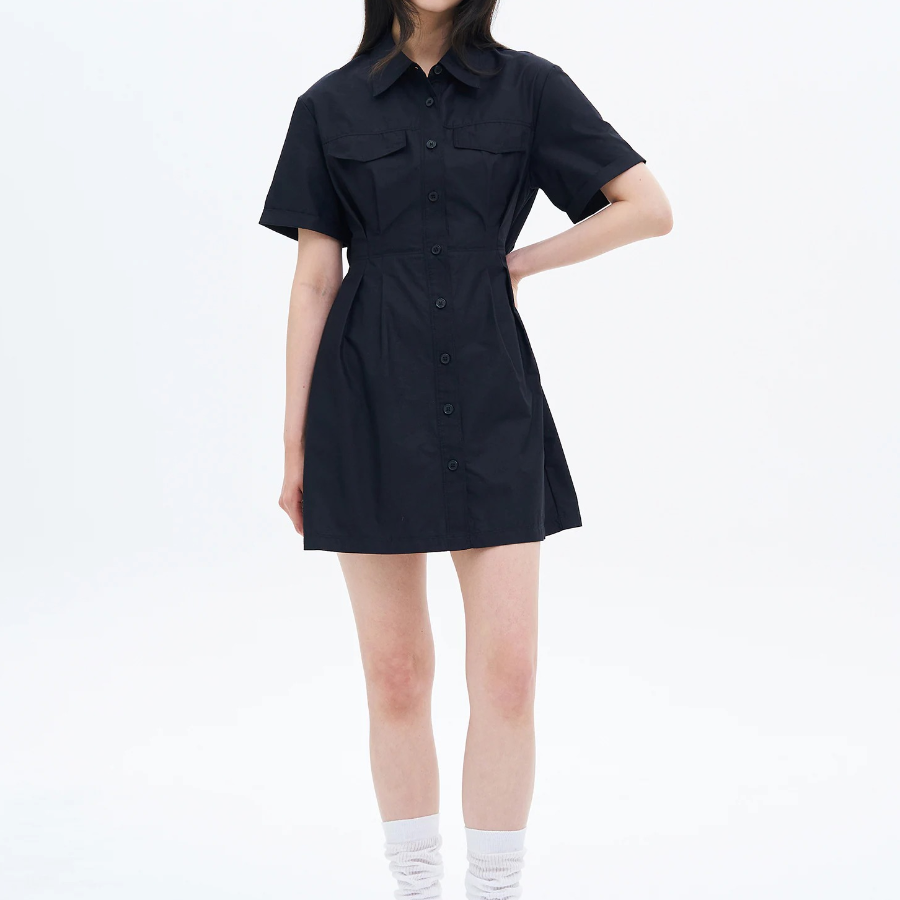 8 seconds 40s Cotton Blend Shirt Mini Dress — Black