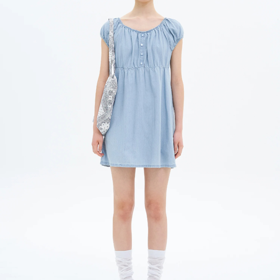 8 seconds Denim Shirring Mini Dress — Sky Blue