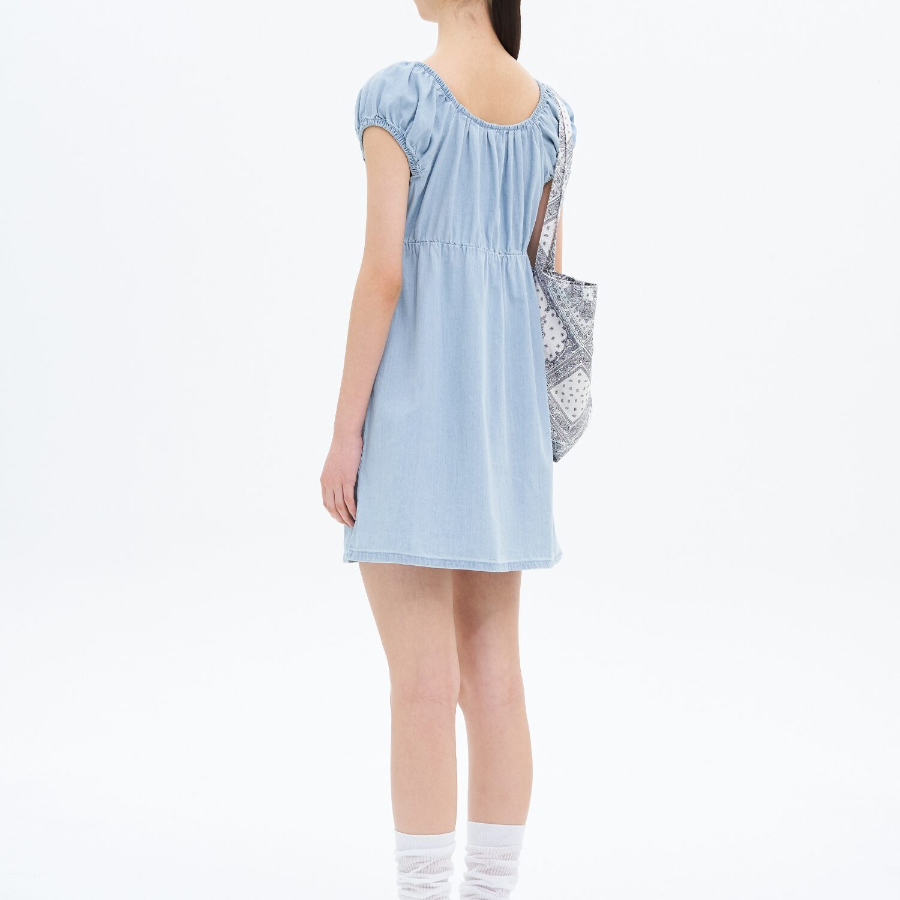 8 seconds Denim Shirring Mini Dress — Sky Blue