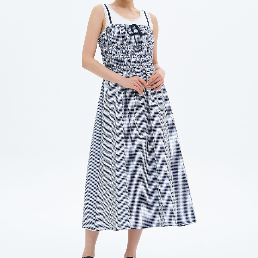 8 seconds Check Smocking Dress — Navy
