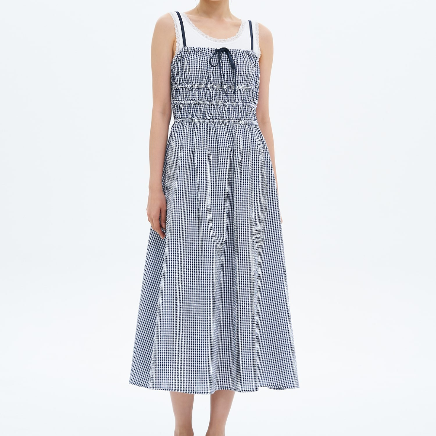 8 seconds Check Smocking Dress — Navy