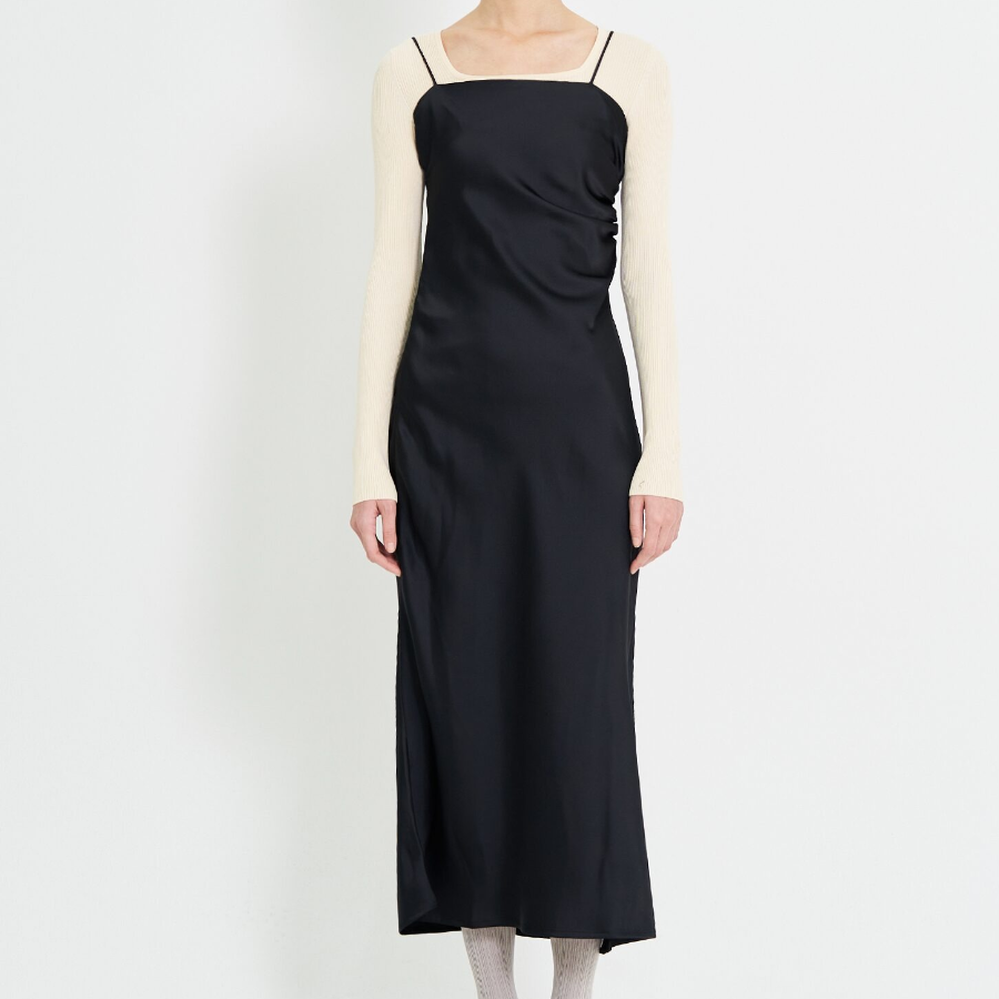 8 seconds Satin Sleeveless Long Dress — Black