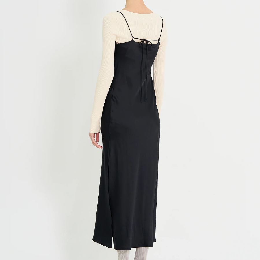 8 seconds Satin Sleeveless Long Dress — Black