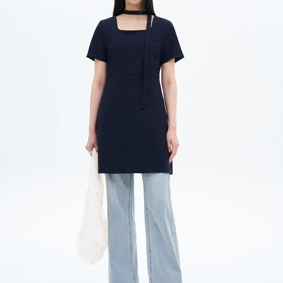 8 seconds Short Sleeve String Dress — Navy