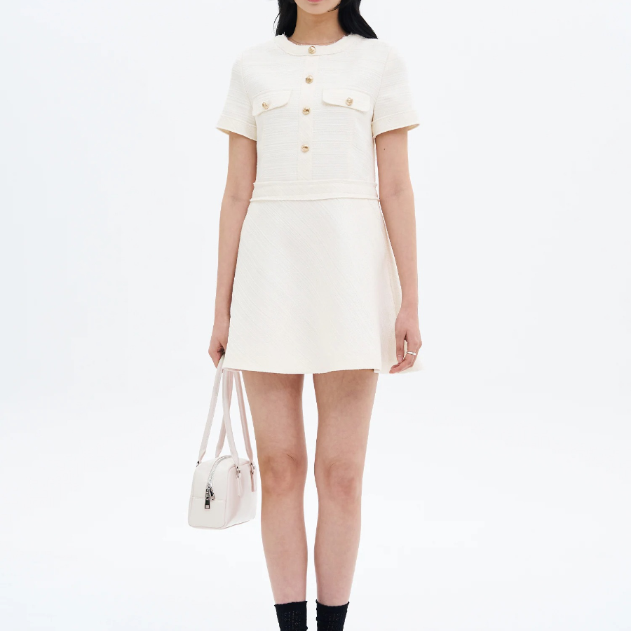 8 seconds Short Sleeve Flared Hem Mini Dress — White