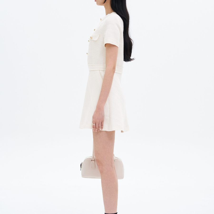 8 seconds Short Sleeve Flared Hem Mini Dress — White