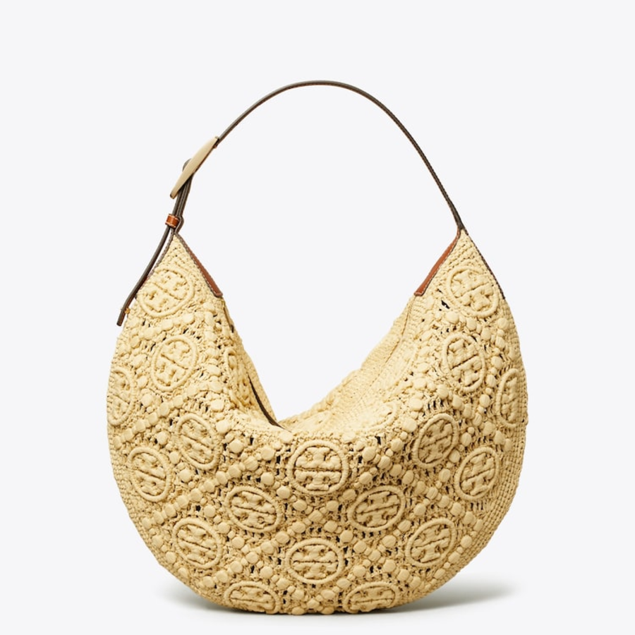 TORY BURCH T Monogram Raffia Balloon Bag – Natural
