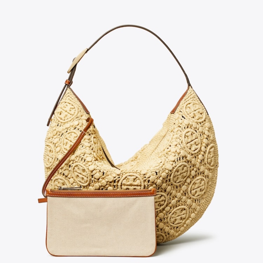 TORY BURCH T Monogram Raffia Balloon Bag – Natural