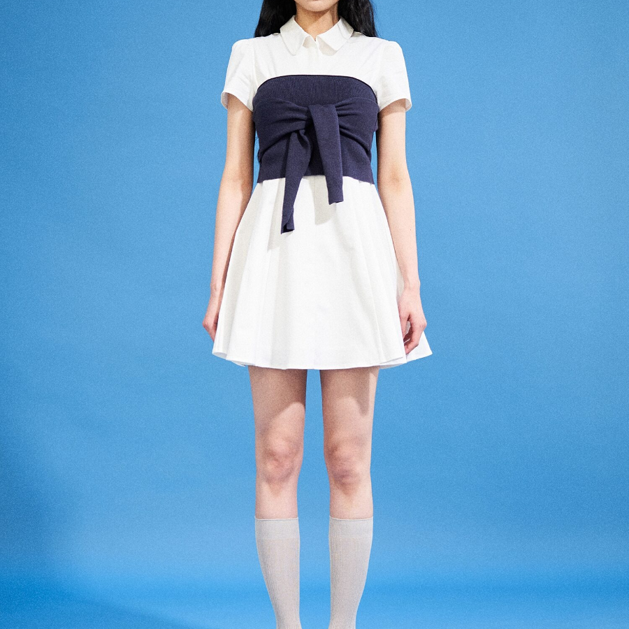 8 seconds Shirt Collar Short Sleeve Flare Mini Dress — White