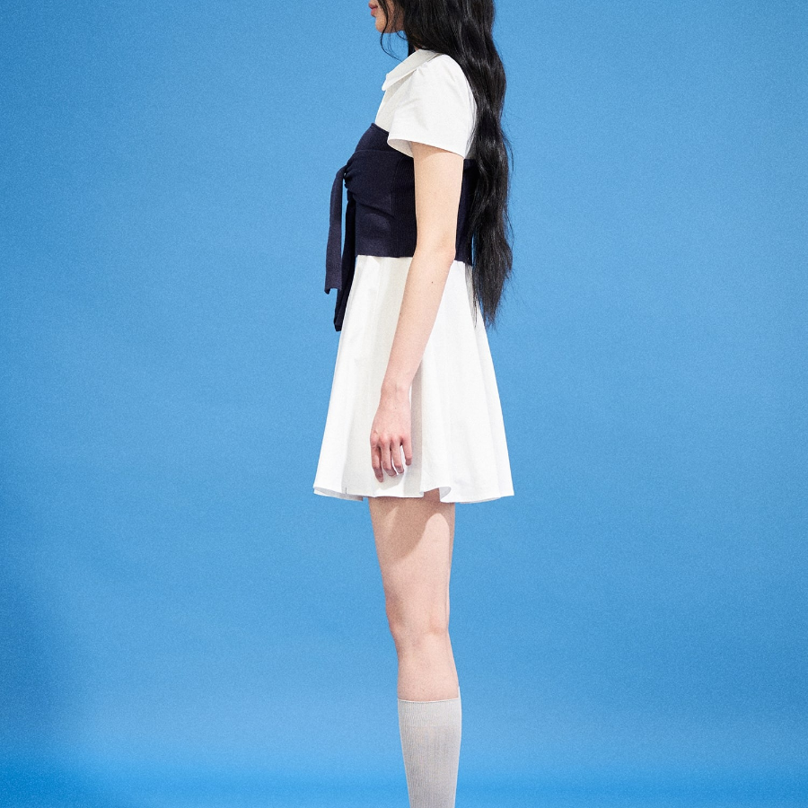 8 seconds Shirt Collar Short Sleeve Flare Mini Dress — White