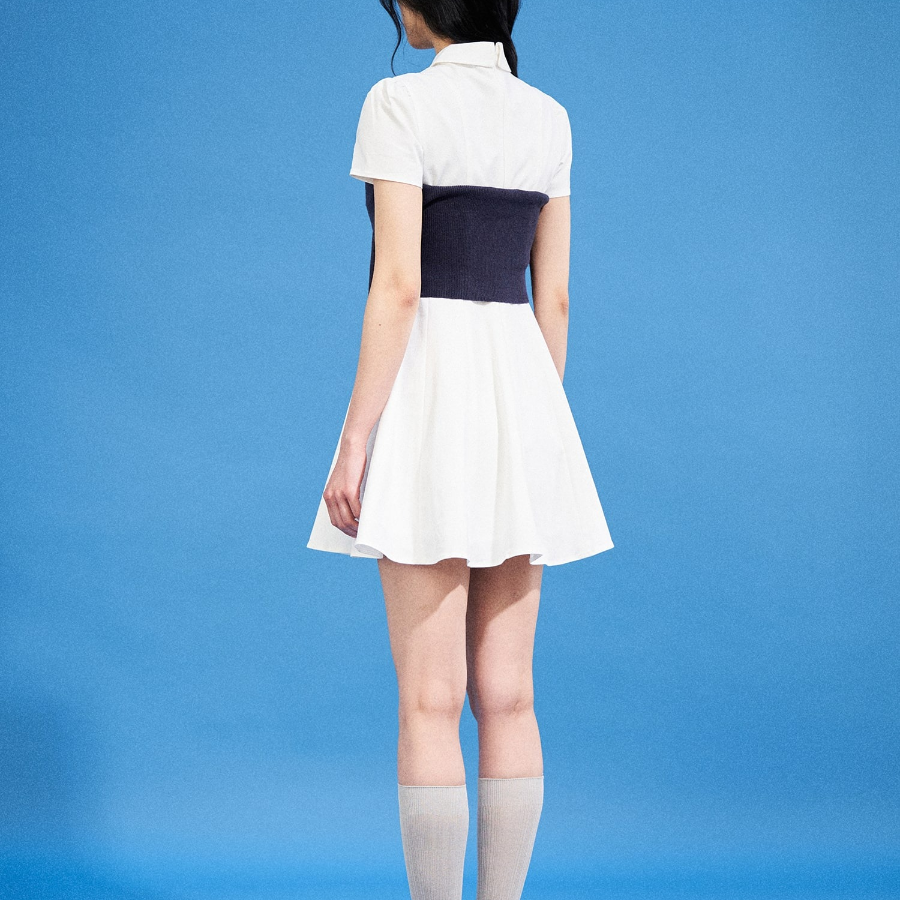 8 seconds Shirt Collar Short Sleeve Flare Mini Dress — White