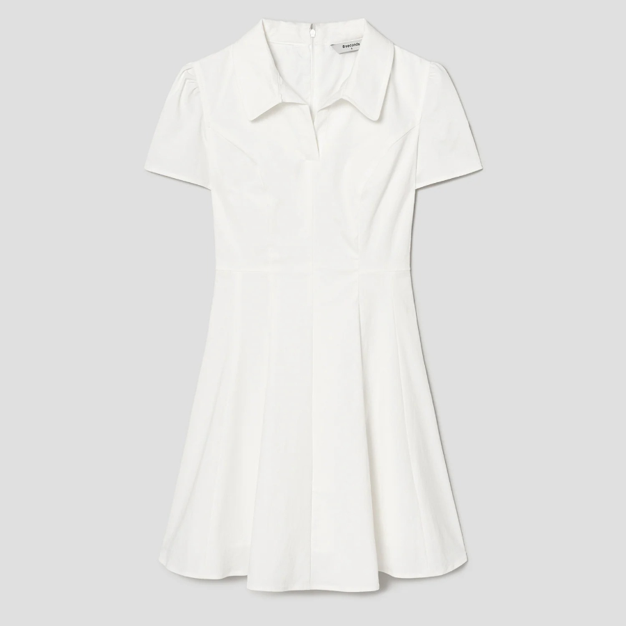 8 seconds Shirt Collar Short Sleeve Flare Mini Dress — White
