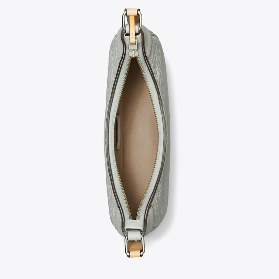 TORY BURCH T Monogram Pebble Crescent Bag – Titanium
