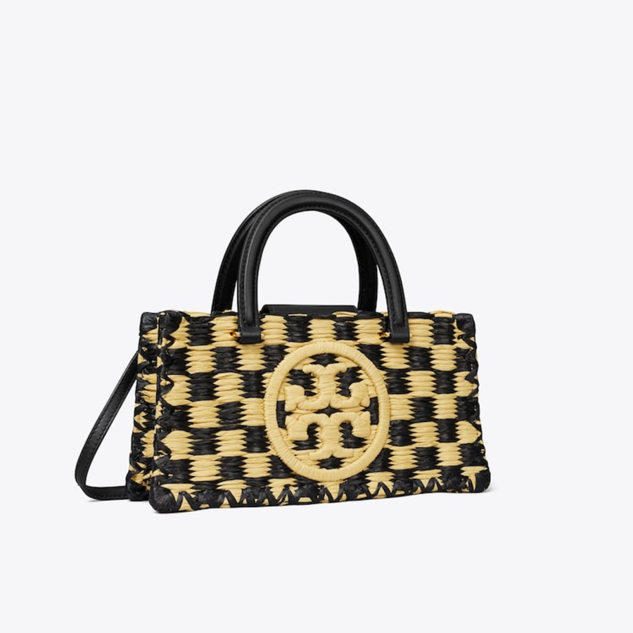 TORY BURCH Ella Hand-Crocheted Checkered E/W Top Handle – Black / Natural