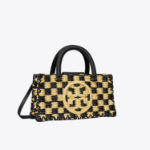 TORY BURCH Ella Hand-Crocheted Checkered E/W Top Handle – Black / Natural