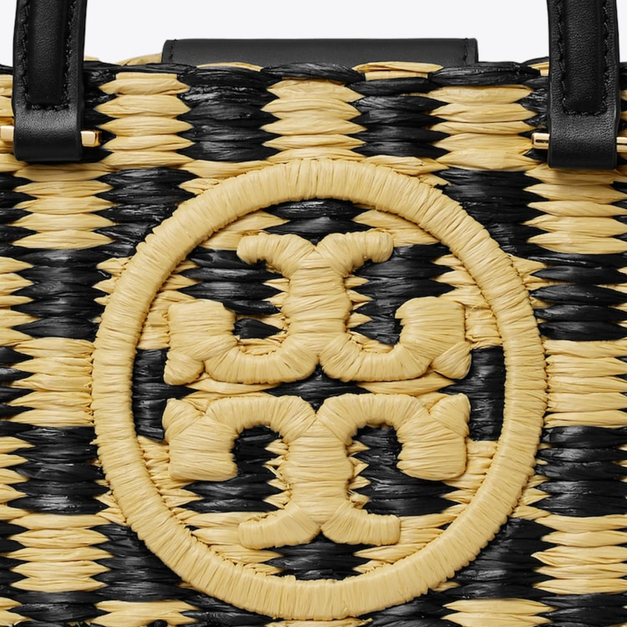 TORY BURCH Ella Hand-Crocheted Checkered E/W Top Handle – Black / Natural