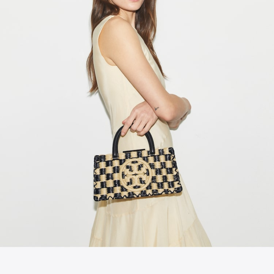 TORY BURCH Ella Hand-Crocheted Checkered E/W Top Handle – Black / Natural