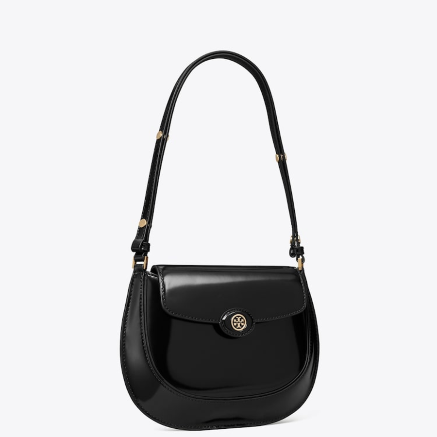 TORY BURCH Robinson Spazzolato Small Flap Bag – Black