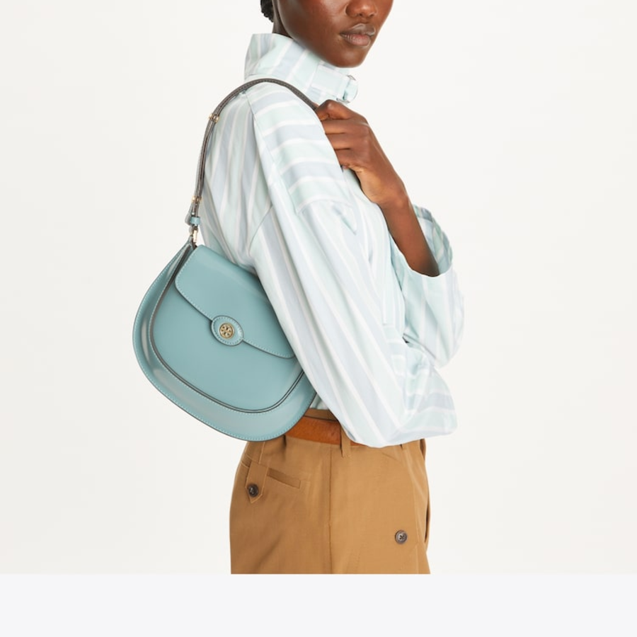 TORY BURCH Robinson Spazzolato Small Flap Bag – Rainfall