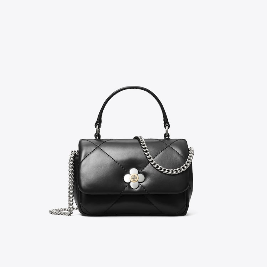 TORY BURCH Kira Clover Diamond Quilt Micro Top Handle Chain Wallet – Black