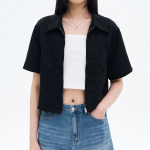 8 seconds Linen Blend Short Sleeve Crop Shacket — Black