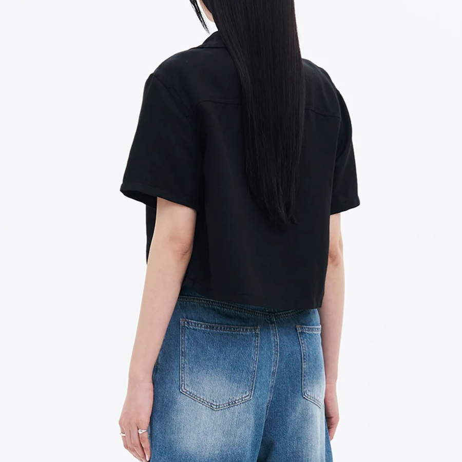 8 seconds Linen Blend Short Sleeve Crop Shacket — Black