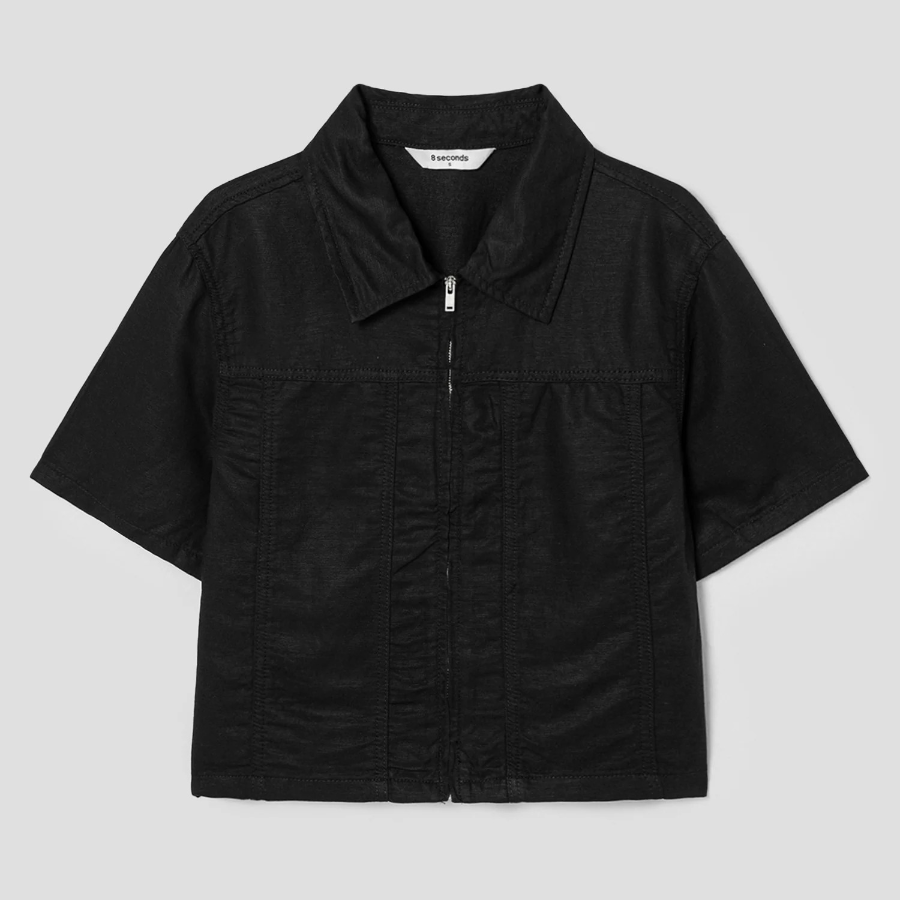 8 seconds Linen Blend Short Sleeve Crop Shacket — Black
