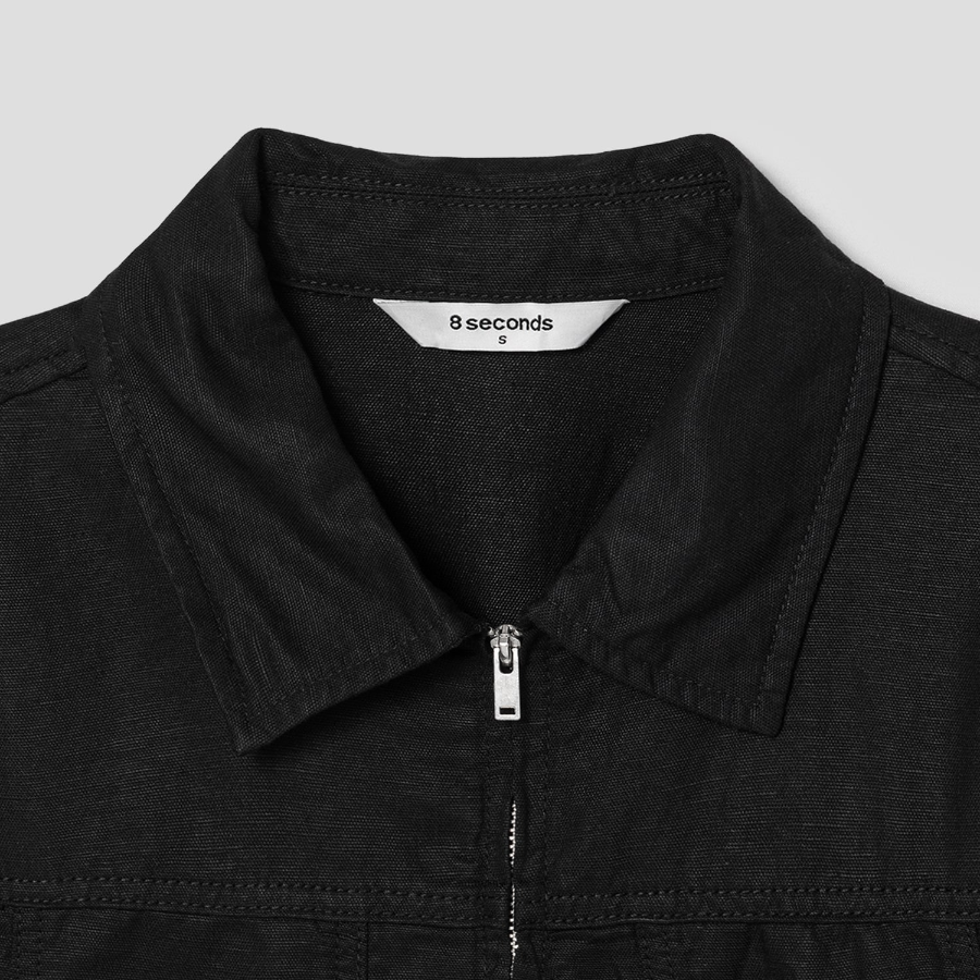 8 seconds Linen Blend Short Sleeve Crop Shacket — Black