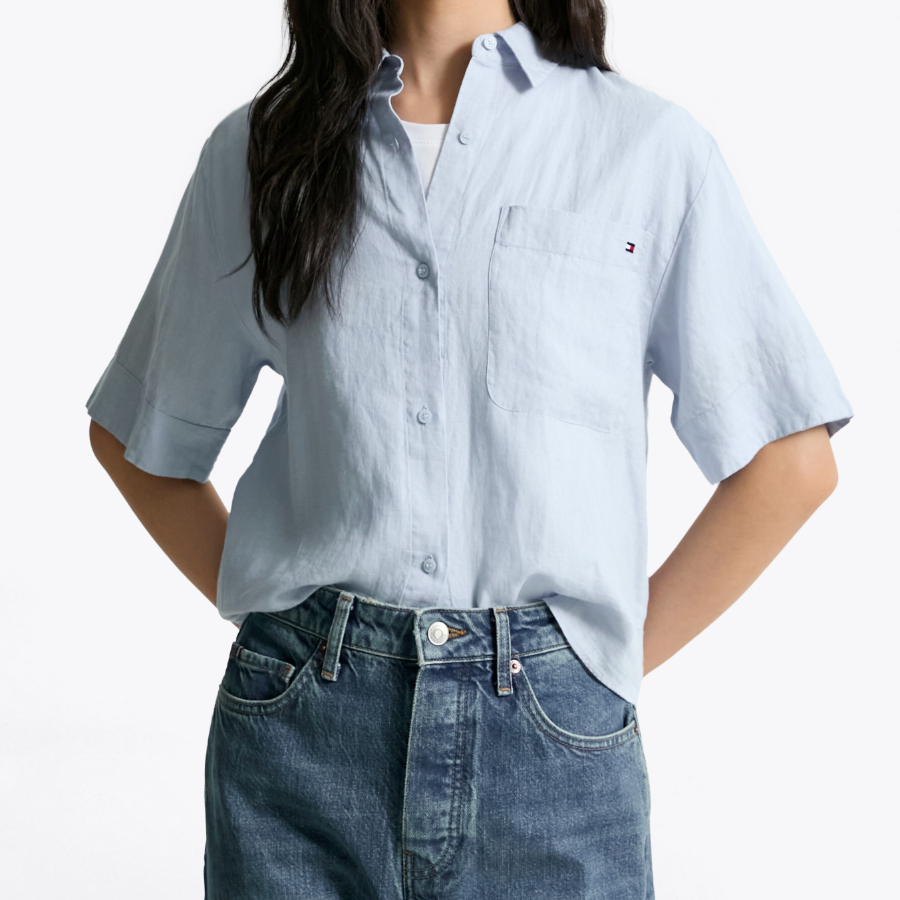 TOMMY HILFIGER [Official Headquarters] Boxy Crop Linen Shirt