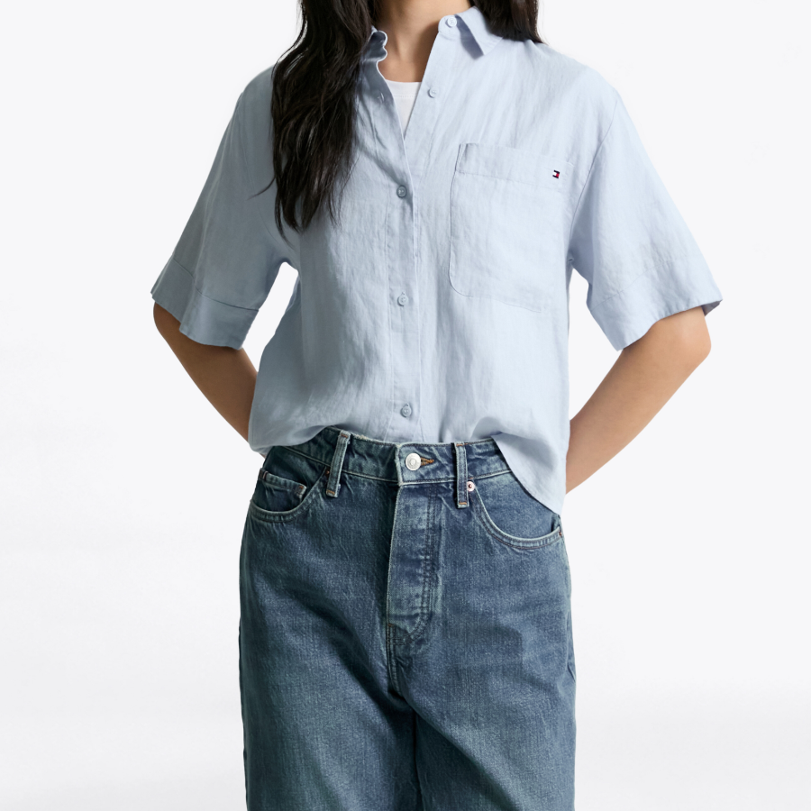 TOMMY HILFIGER [Official Headquarters] Boxy Crop Linen Shirt