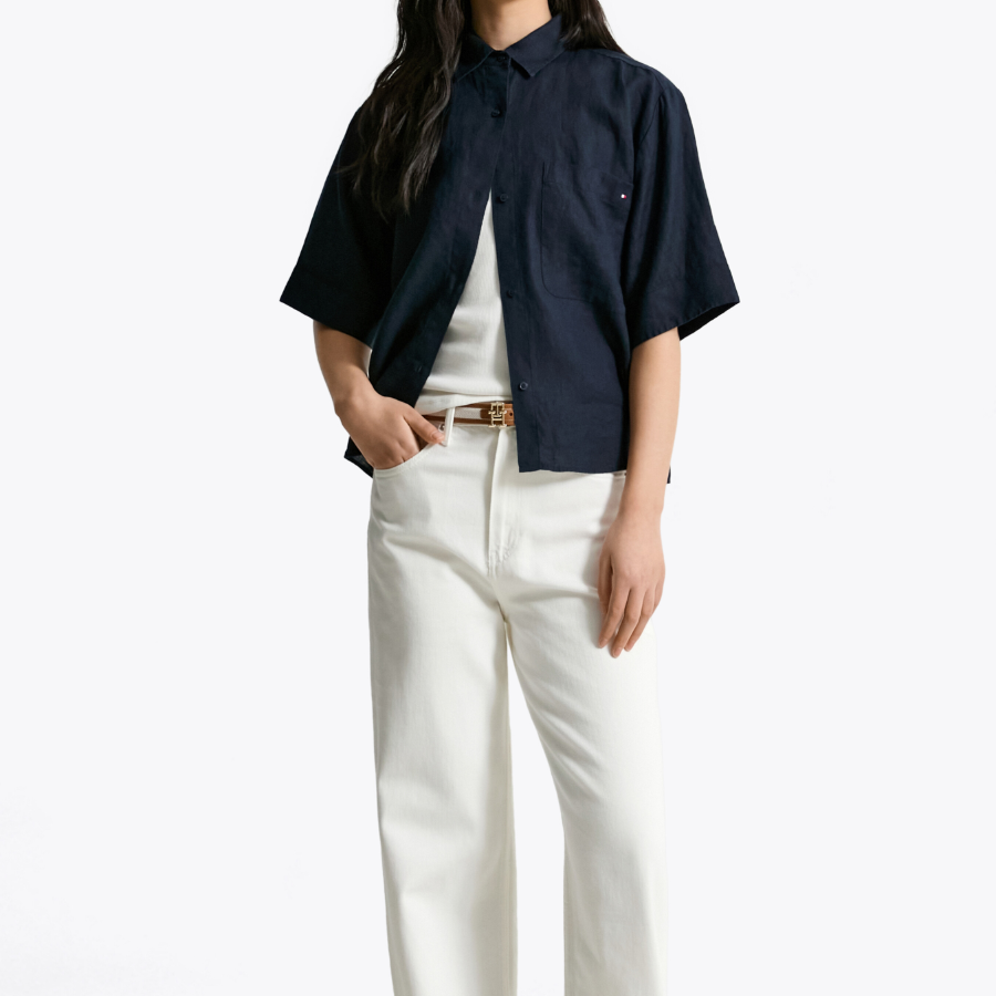 TOMMY HILFIGER [Official Headquarters] Boxy Crop Linen Shirt (T22F3WSH093WT1C1G)