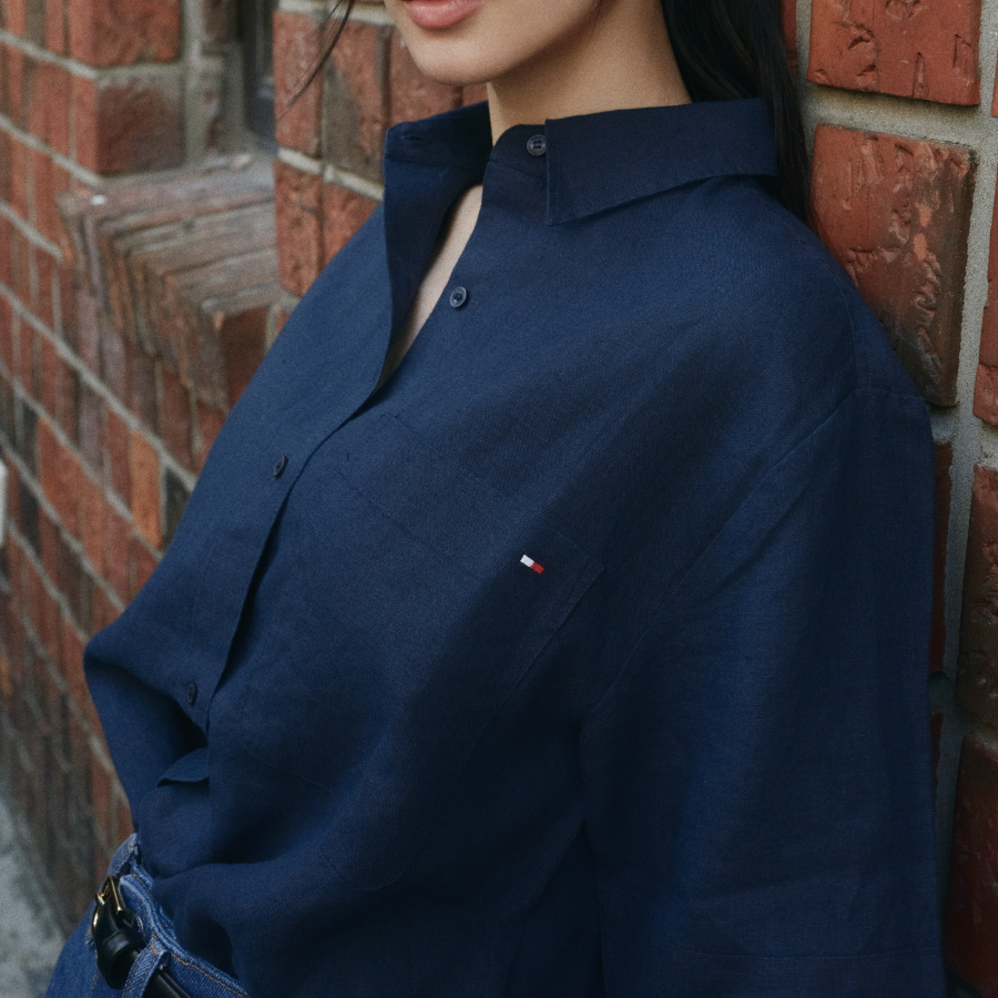 TOMMY HILFIGER [Official Headquarters] Boxy Crop Linen Shirt (T22F3WSH093WT1C1G)