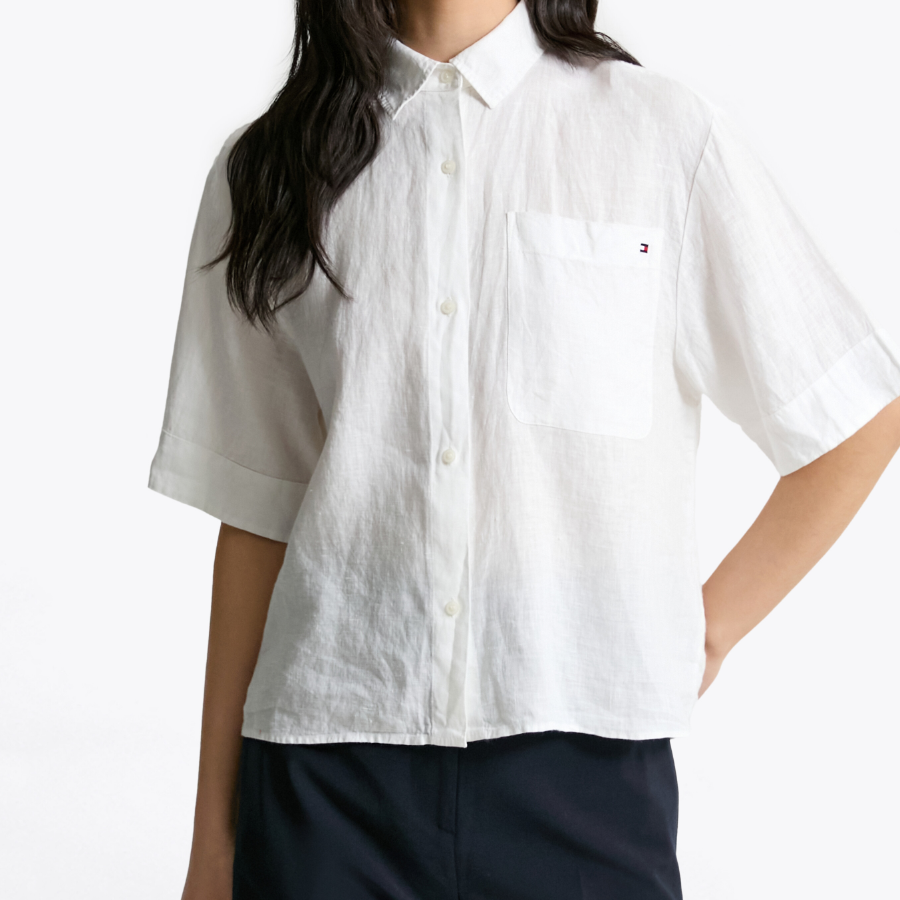 TOMMY HILFIGER [Official Headquarters] Boxy Crop Linen Shirt (T22F3WSH093WT1YCF)