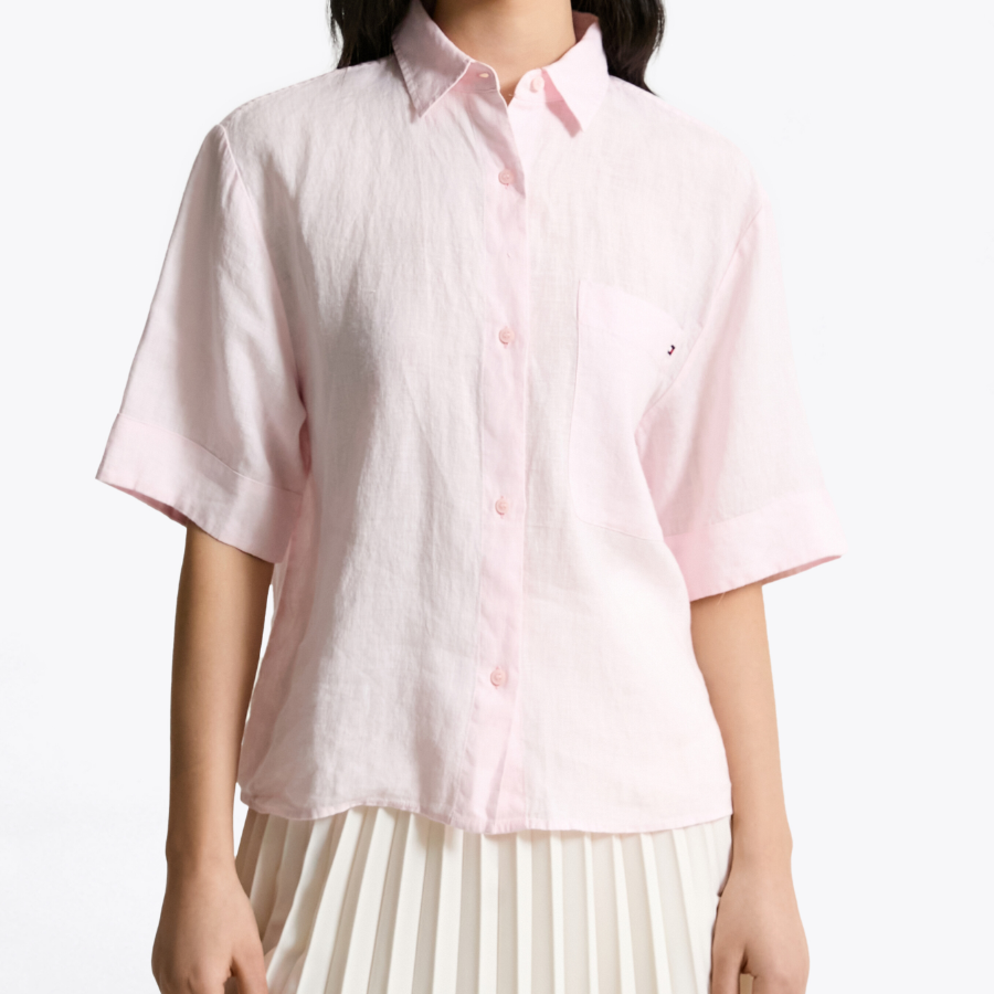 TOMMY HILFIGER [Official Headquarters] Boxy Crop Linen Shirt (T22F3WSH093WT1TOG)