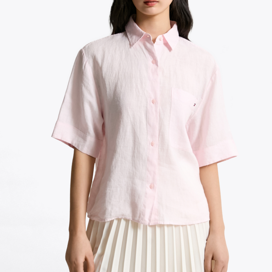 TOMMY HILFIGER [Official Headquarters] Boxy Crop Linen Shirt (T22F3WSH093WT1TOG)