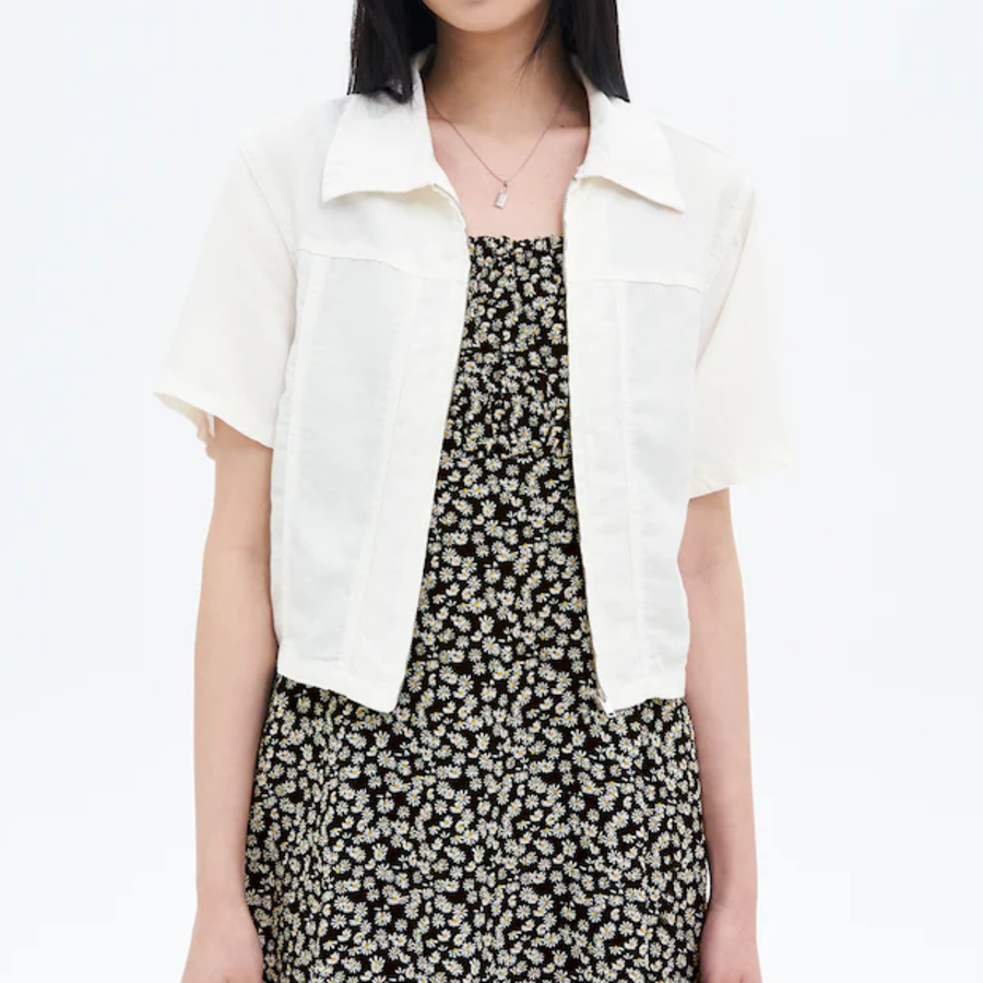 8 seconds Linen Blend Short Sleeve Crop Shacket — White