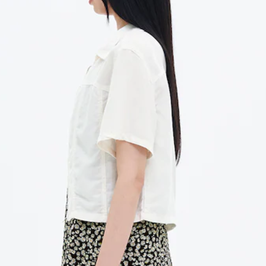 8 seconds Linen Blend Short Sleeve Crop Shacket — White