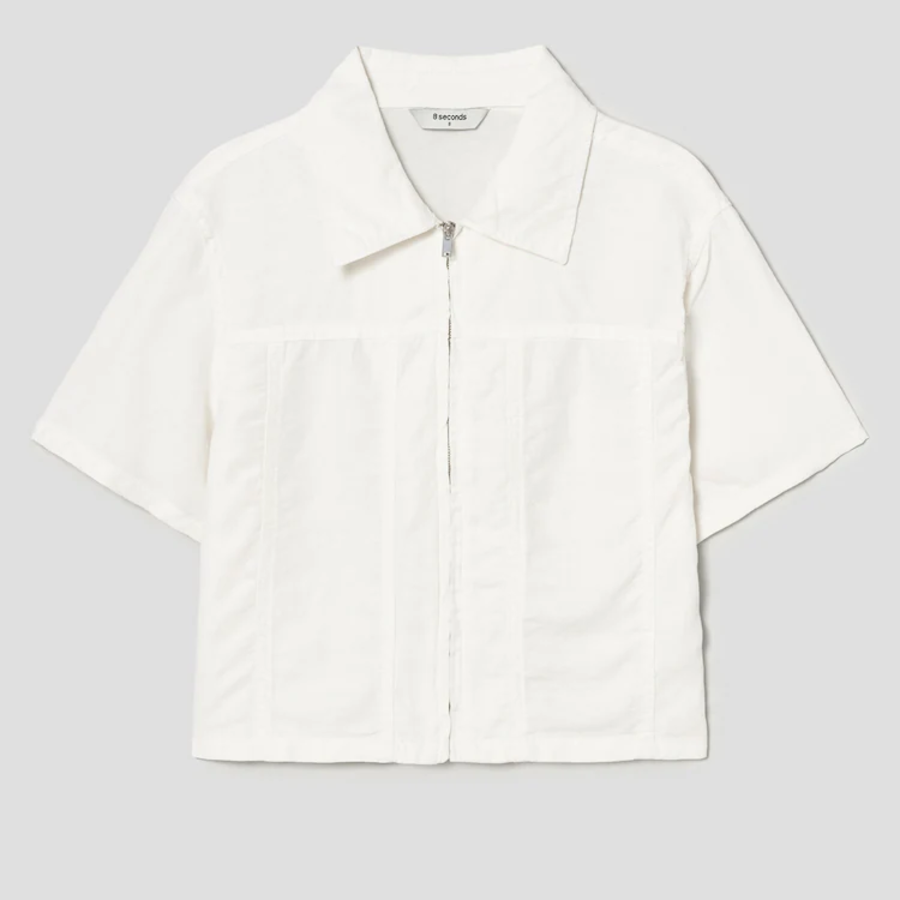 8 seconds Linen Blend Short Sleeve Crop Shacket — White