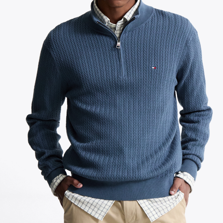 TOMMY HILFIGER Herringbone Structure Mockneck Zip-Up Sweater