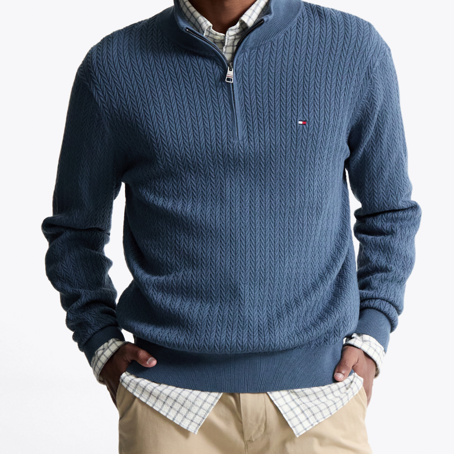 TOMMY HILFIGER Herringbone Structure Mockneck Zip-Up Sweater