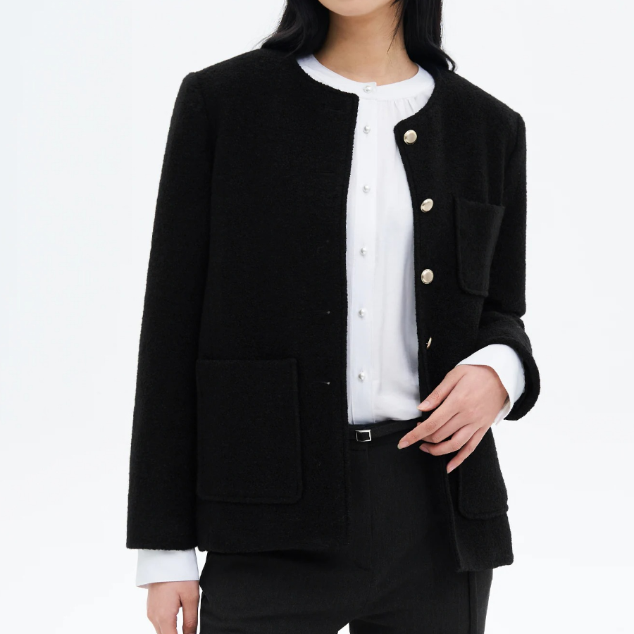 8 seconds Boucle Round-Neck Long Jacket – Black