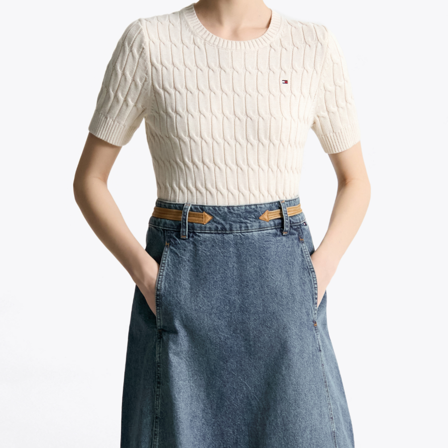 TOMMY HILFIGER Official Slim Cable Knit Short-Sleeve Sweater