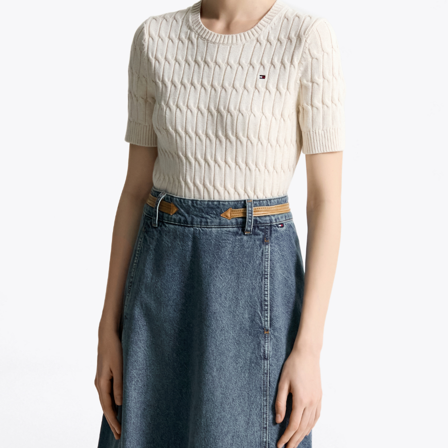 TOMMY HILFIGER Official Slim Cable Knit Short-Sleeve Sweater