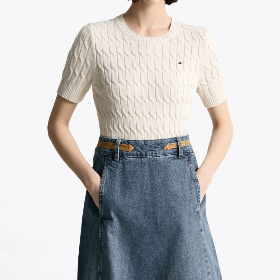 TOMMY HILFIGER Official Slim Cable Knit Short-Sleeve Sweater