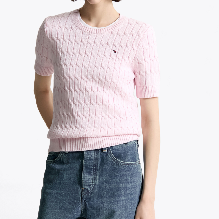 TOMMY HILFIGER [Official Headquarters] Slim Cable Knit Short-Sleeve Sweater