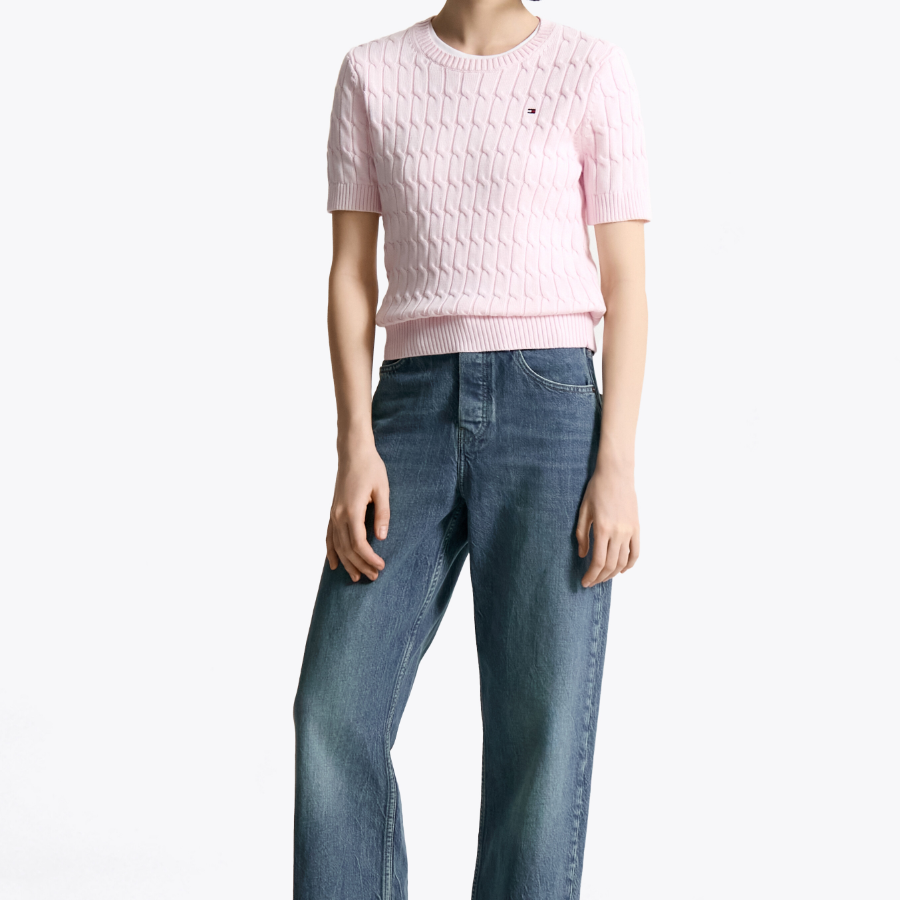 TOMMY HILFIGER [Official Headquarters] Slim Cable Knit Short-Sleeve Sweater