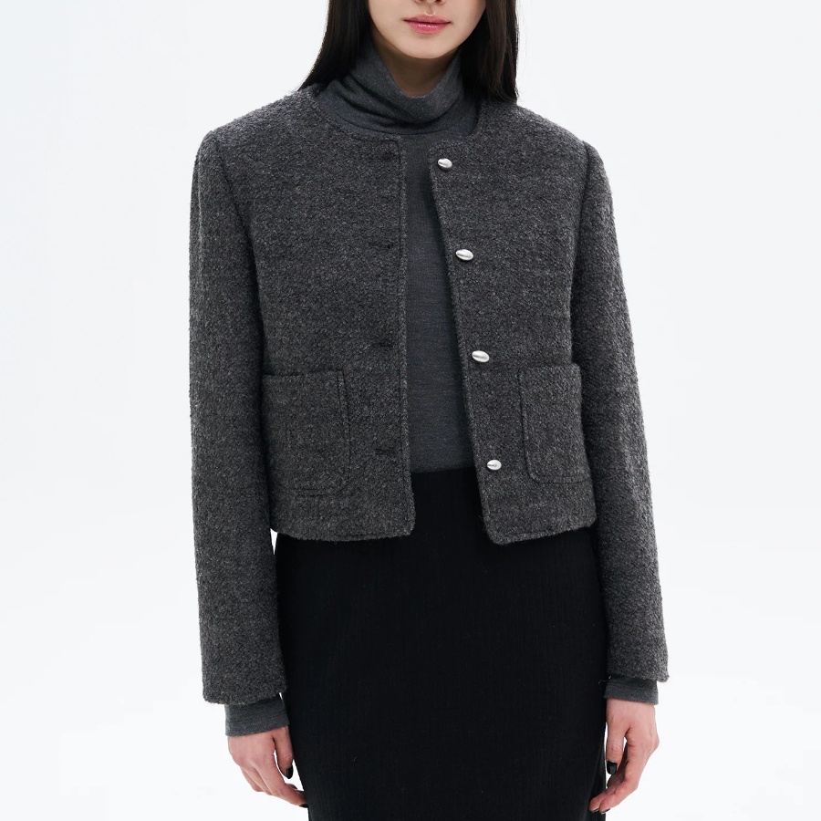 8 seconds Padded Lined Boucle Round-Neck Short Jacket – Ash