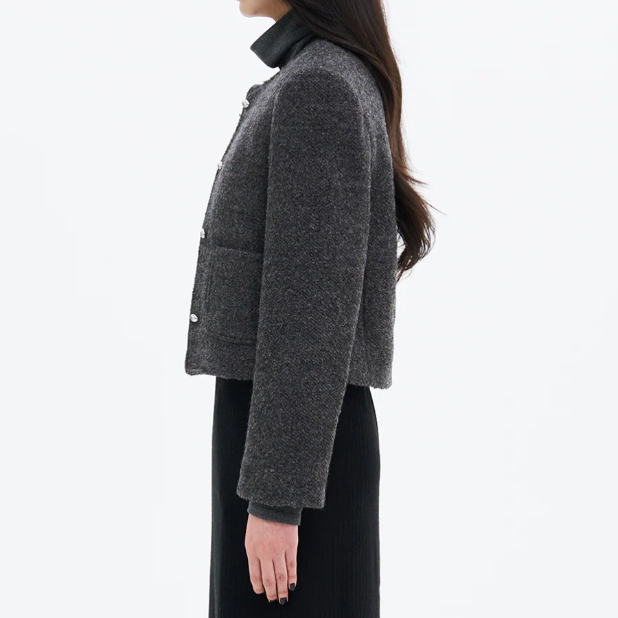 8 seconds Padded Lined Boucle Round-Neck Short Jacket – Ash