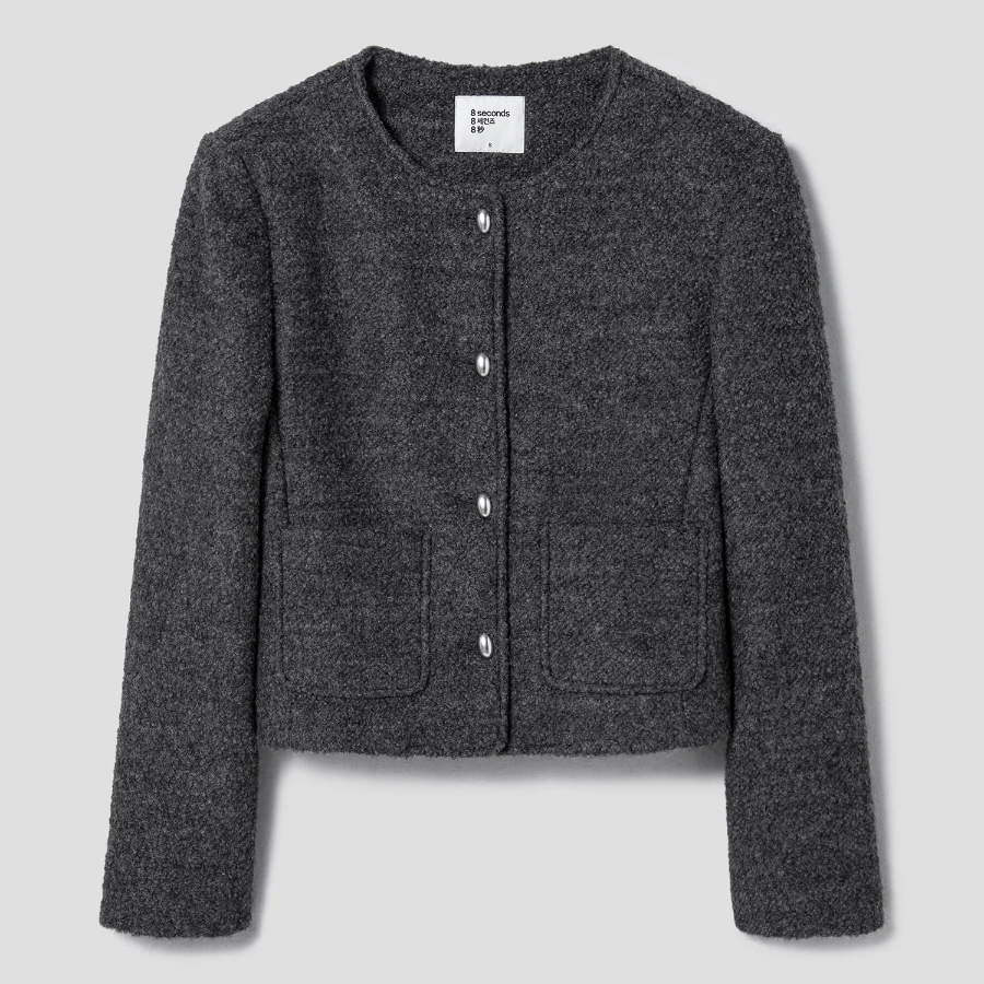 8 seconds Padded Lined Boucle Round-Neck Short Jacket – Ash