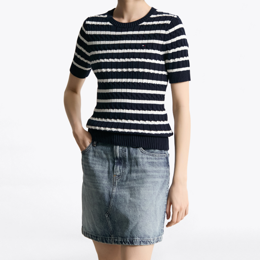 TOMMY HILFIGER [Official Headquarters] Slim Cable Knit Short-Sleeve Sweater